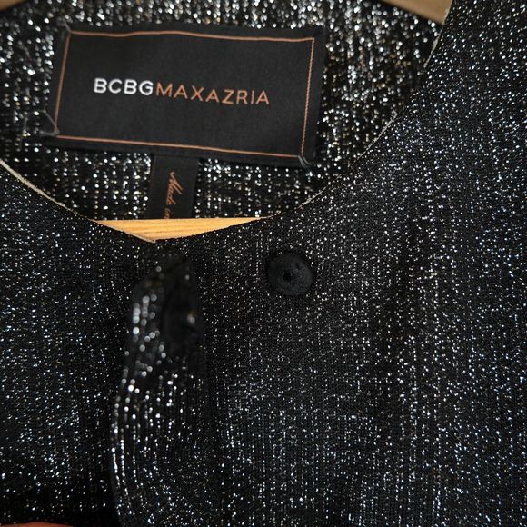 BCBG Max Azria Women's Black Sliver Shiny Blazer Collarless Size L - Picture 7 of 15
